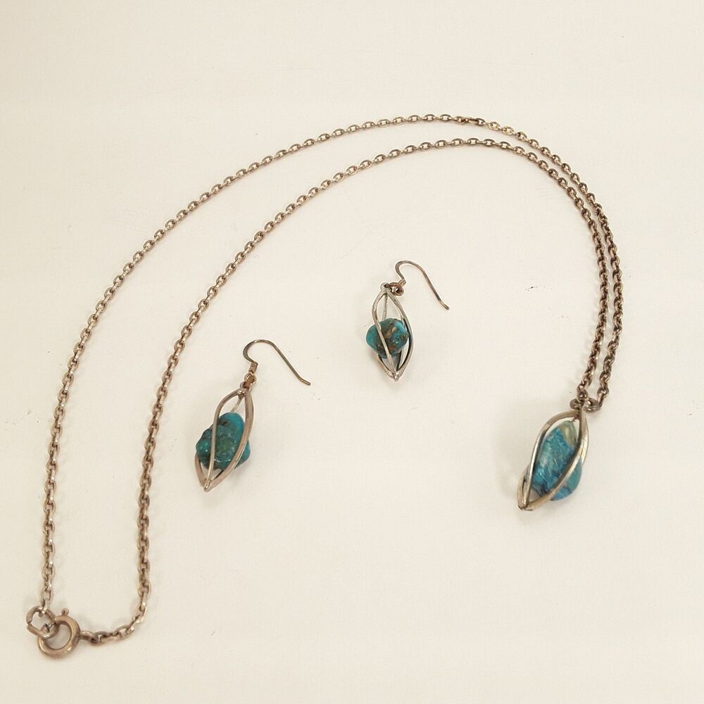 Blue Stone Pendant & Turquoise Nugget Earrings, Silvertone Metal Cage/Wire Wrap